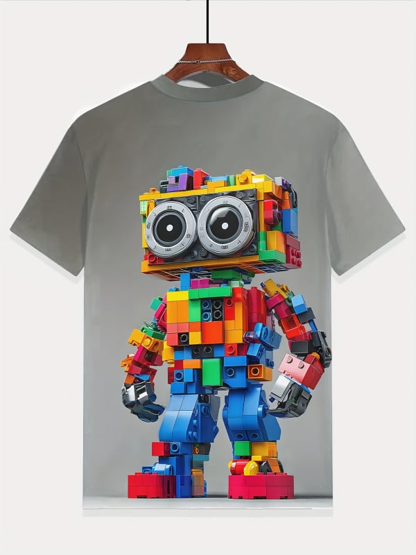 Tricou copii cu imprimare 3D digitală a robotului din blocuri de construcție, mânecă scurtă