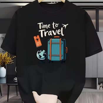 Мъжка памучна тениска с графика Wanderlust за багаж и надпис Time to Travel, бяла, къс ръкав