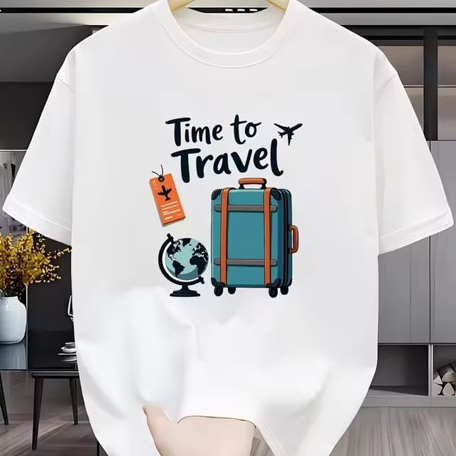 Мъжка памучна тениска с графика Wanderlust за багаж и надпис Time to Travel, бяла, къс ръкав