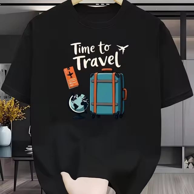 Мъжка памучна тениска с графика Wanderlust за багаж и надпис Time to Travel, бяла, къс ръкав