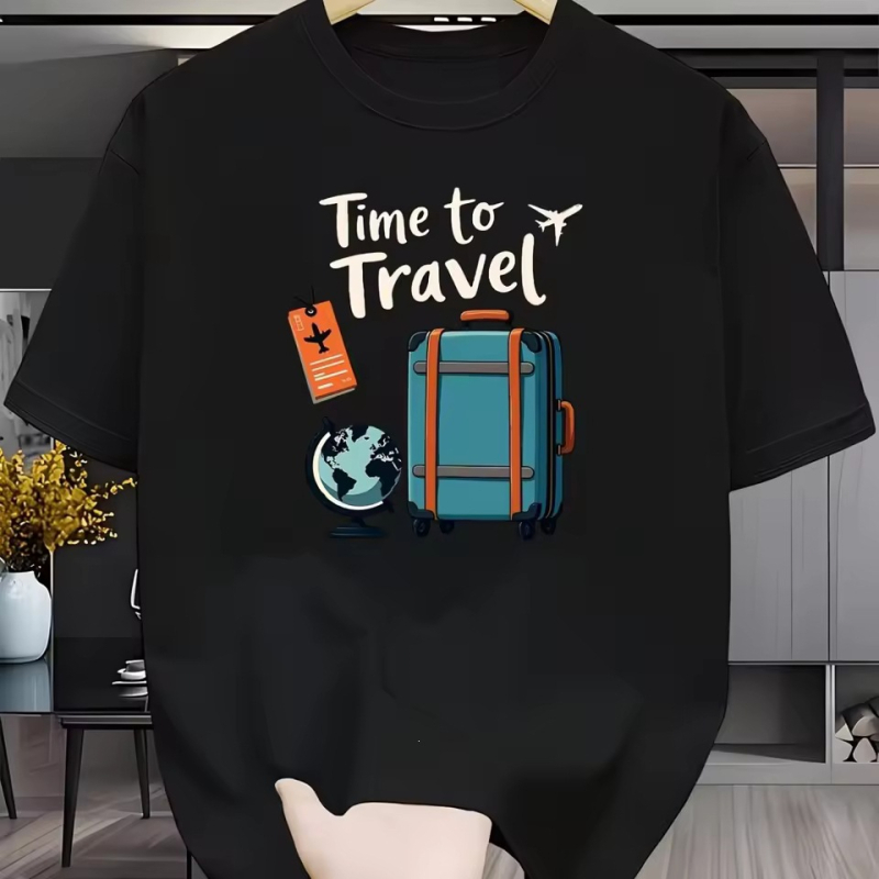 Мъжка памучна тениска с графика Wanderlust за багаж и надпис Time to Travel, бяла, къс ръкав