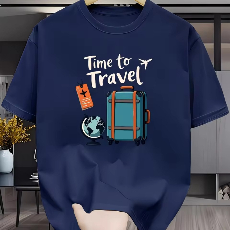 Мъжка памучна тениска с графика Wanderlust за багаж и надпис Time to Travel, бяла, къс ръкав