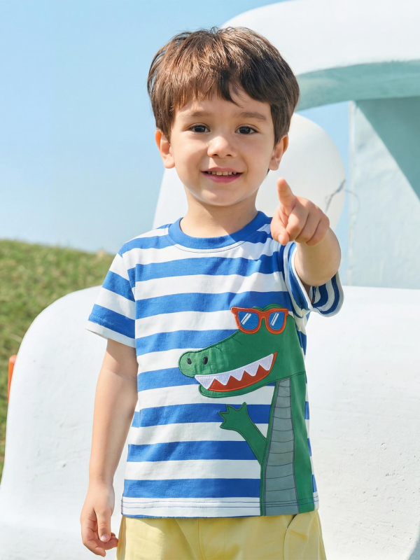 Παιδικό καλοκαιρινό κοντομάνικο T‑shirt με κέντημα κροκοειδούς, στρογγυλός λαιμός, δυτικό στυλ