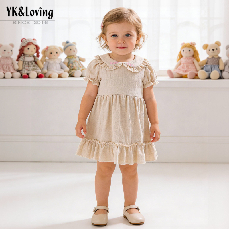 YK&Loving Κορεατικού στυλ καλοκαιρινό βαμβακερό φόρεμα για κορίτσια με δαντέλα και κέντημα, γιακάς Πέτερ Παν, κοντά μανίκια, γραμμή Α, παιδικό φόρεμα