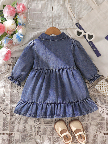 Rochie din denim pentru fetițe, cu guler păpușă, mâneci bufante, broderie florală și volane la tiv