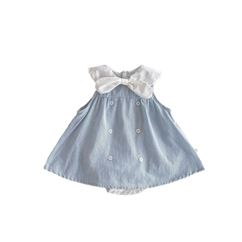 Salopetă de vară pentru fetițe, cu mare fundă, stil preppy, de tip colegiu, fără mâneci
