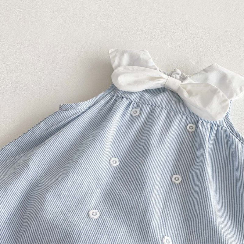 Salopetă de vară pentru fetițe, cu mare fundă, stil preppy, de tip colegiu, fără mâneci