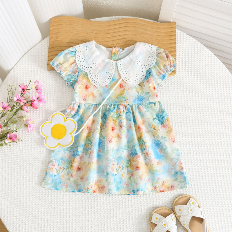 Κοριτσίστικο καλοκαιρινό φόρεμα από chiffon με δαντελένιο γιακά και φουσκωτές μανίκες, παραθαλάσσιο φόρεμα με φλοράλ μοτίβο και τσάντα με πέταλα λουλουδιών (1–3 ετών)