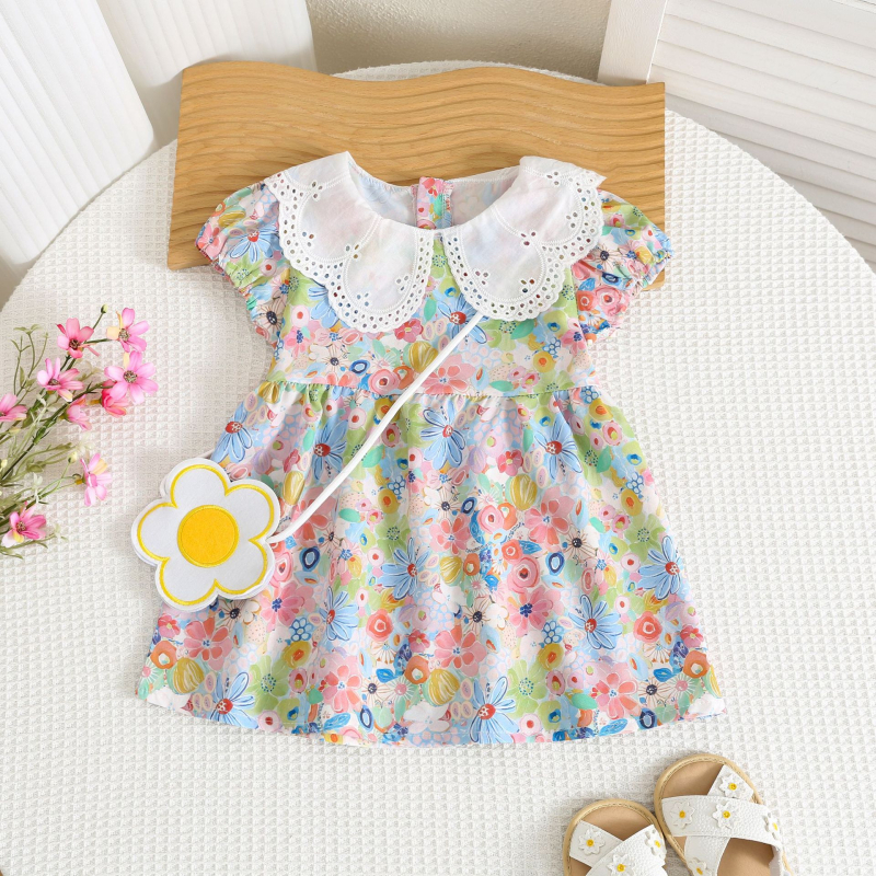 Κοριτσίστικο καλοκαιρινό φόρεμα από chiffon με δαντελένιο γιακά και φουσκωτές μανίκες, παραθαλάσσιο φόρεμα με φλοράλ μοτίβο και τσάντα με πέταλα λουλουδιών (1–3 ετών)