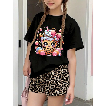 Κορίτσια Καλοκαιρινό T-shirt με Γραφικό Σχέδιο Pearl Milk Tea