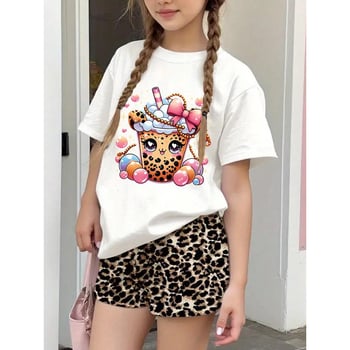Κορίτσια Καλοκαιρινό T-shirt με Γραφικό Σχέδιο Pearl Milk Tea