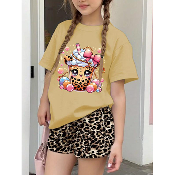 Κορίτσια Καλοκαιρινό T-shirt με Γραφικό Σχέδιο Pearl Milk Tea