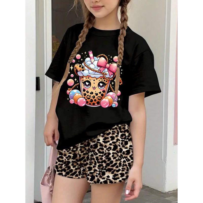 Κορίτσια Καλοκαιρινό T-shirt με Γραφικό Σχέδιο Pearl Milk Tea