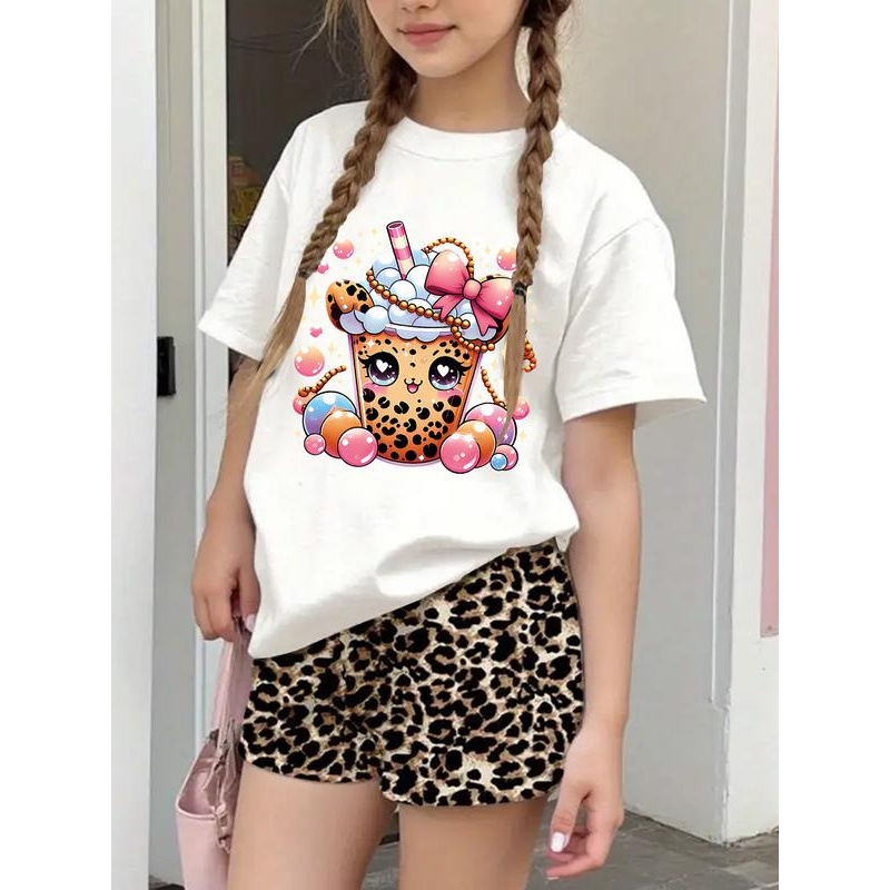 Κορίτσια Καλοκαιρινό T-shirt με Γραφικό Σχέδιο Pearl Milk Tea