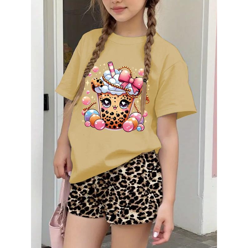 Κορίτσια Καλοκαιρινό T-shirt με Γραφικό Σχέδιο Pearl Milk Tea