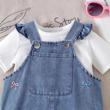 Set din două piese pentru fetițe: tricou uni din bumbac și salopetă din denim, vară pentru copii 1–3 ani (80–100 cm), 90% bumbac