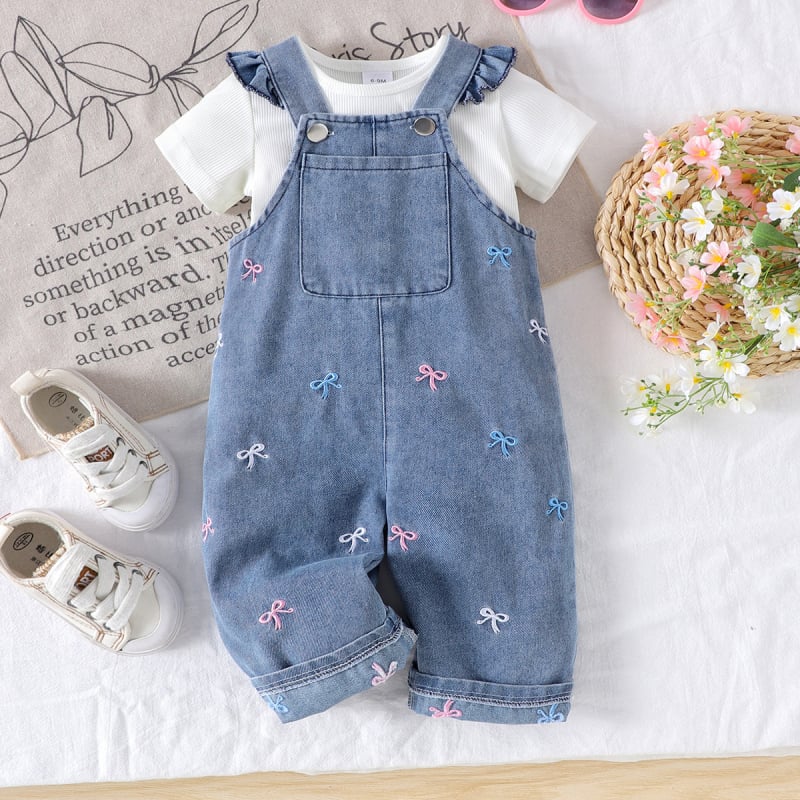 Set din două piese pentru fetițe: tricou uni din bumbac și salopetă din denim, vară pentru copii 1–3 ani (80–100 cm), 90% bumbac