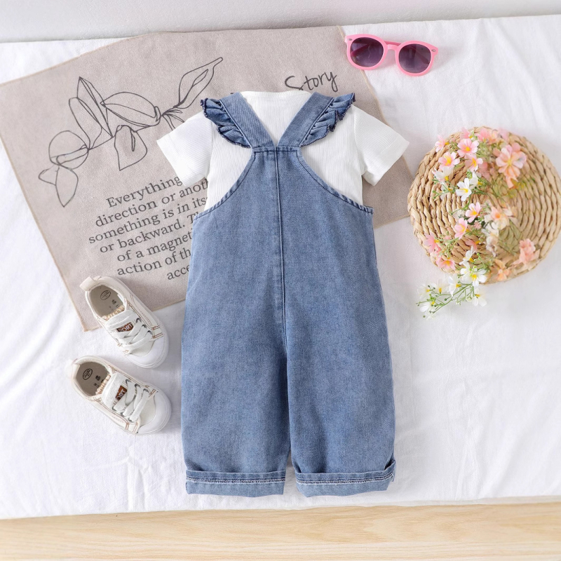 Set din două piese pentru fetițe: tricou uni din bumbac și salopetă din denim, vară pentru copii 1–3 ani (80–100 cm), 90% bumbac