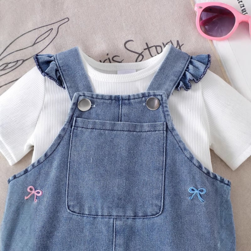 Set din două piese pentru fetițe: tricou uni din bumbac și salopetă din denim, vară pentru copii 1–3 ani (80–100 cm), 90% bumbac