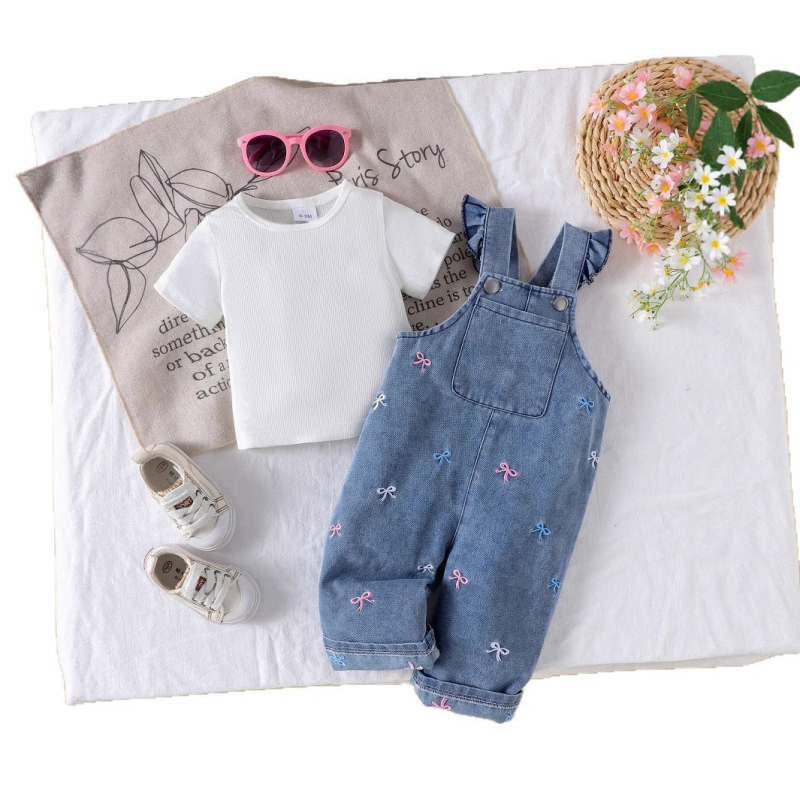 Set din două piese pentru fetițe: tricou uni din bumbac și salopetă din denim, vară pentru copii 1–3 ani (80–100 cm), 90% bumbac
