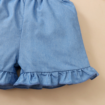 Set pentru fete: top fără mâneci brodat într-o culoare solidă și pantaloni scurți din denim, stil coreean, primăvară–toamnă 2022