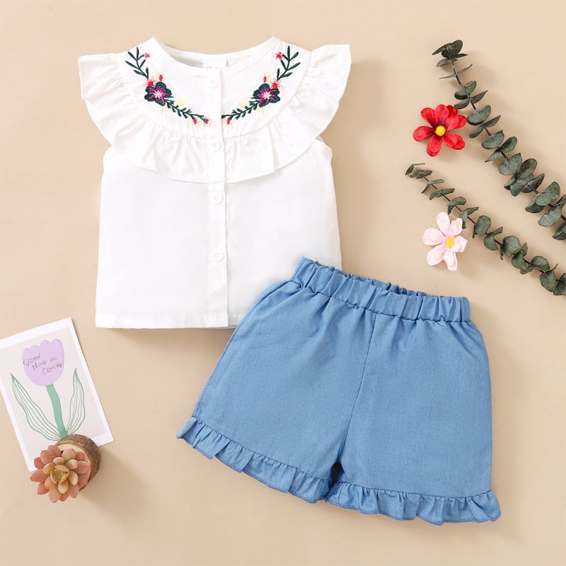 Set pentru fete: top fără mâneci brodat într-o culoare solidă și pantaloni scurți din denim, stil coreean, primăvară–toamnă 2022