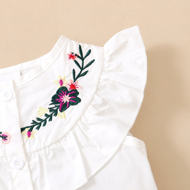 Set pentru fete: top fără mâneci brodat într-o culoare solidă și pantaloni scurți din denim, stil coreean, primăvară–toamnă 2022