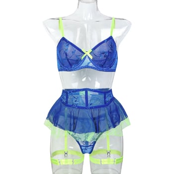 Set de lenjerie intimă seducătoare în stil albastru, european și american, cu fustă din tul transparent din plasă, camisol brodată cu blocuri de culoare, set din trei piese, 3731