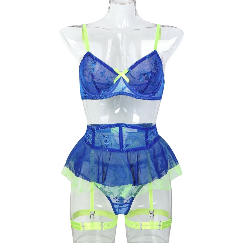 Set de lenjerie intimă seducătoare în stil albastru, european și american, cu fustă din tul transparent din plasă, camisol brodată cu blocuri de culoare, set din trei piese, 3731