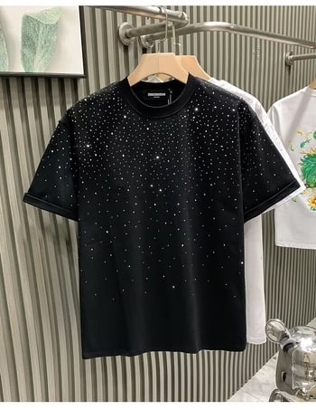 Stil matur și sofisticat, tricou cu mânecă scurtă cu cer înstelat și cristale, croială lejeră, ușor modern, top bărbătesc, 2024