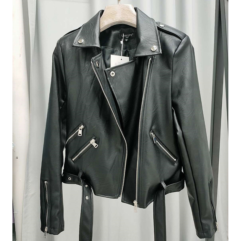 Дамско кожено яке, пролетно-есенно, корейски стил, късо, slim fit, модерно яке от PU мотоциклетна кожа