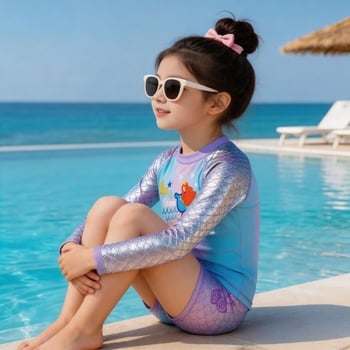 Sellő mintás fürdőruha lányoknak, új stílus 2026, hosszú ujjú fürdőruha naptejjel kislányoknak, gyorsan száradó fürdőruha gyerekeknek a strandon