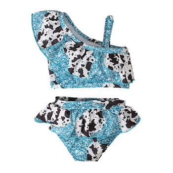 Детски бански костюм две части, с рюшка, принт крава, за момичета 1–4 години, лято, западен стил