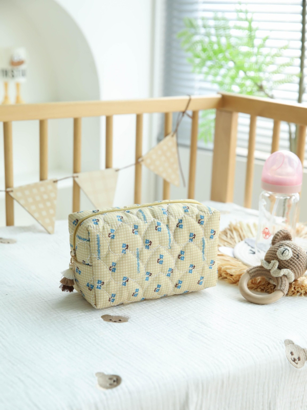 Kozmetička torbica s cvjetnim motivom i quilt dizajnom, velika kapaciteta, pamukasti materijal, kutija za olovke, izvezen karirani uzorak, za žene