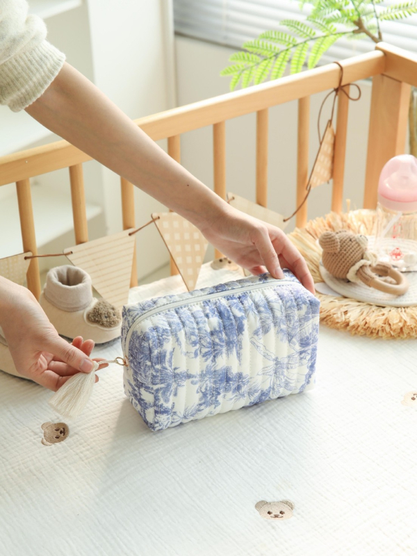 Kozmetička torbica s cvjetnim motivom i quilt dizajnom, velika kapaciteta, pamukasti materijal, kutija za olovke, izvezen karirani uzorak, za žene