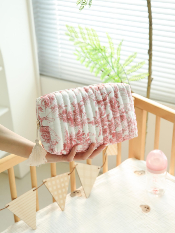 Kozmetička torbica s cvjetnim motivom i quilt dizajnom, velika kapaciteta, pamukasti materijal, kutija za olovke, izvezen karirani uzorak, za žene