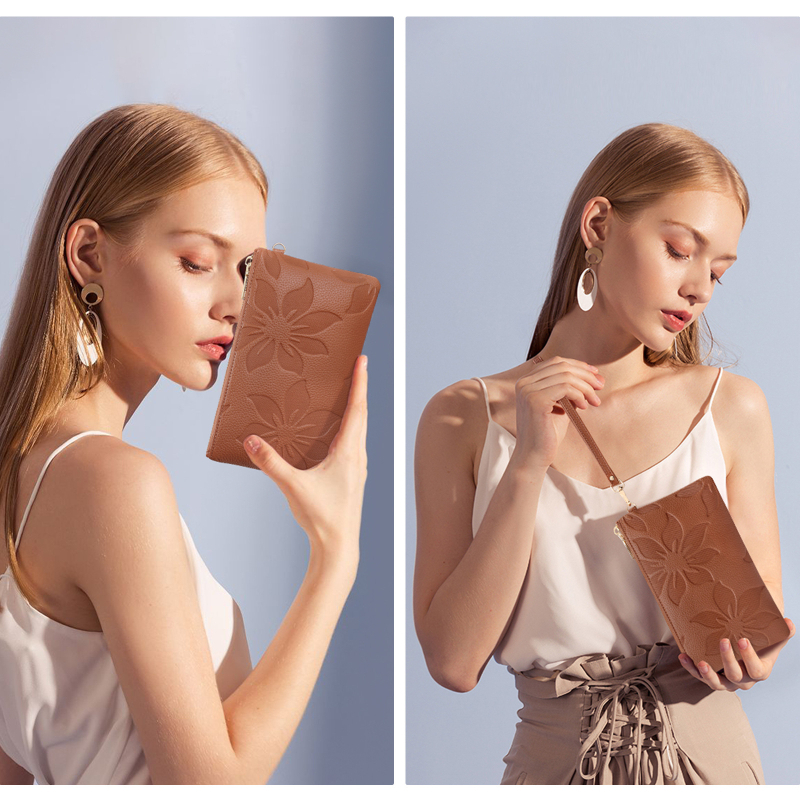 Portofel-clutch lung pentru femei, cu design de floare de bumbac în relief, portofel cu fermoar multifunctional, buzunar pentru telefon, blocare RFID, ultra-ușor