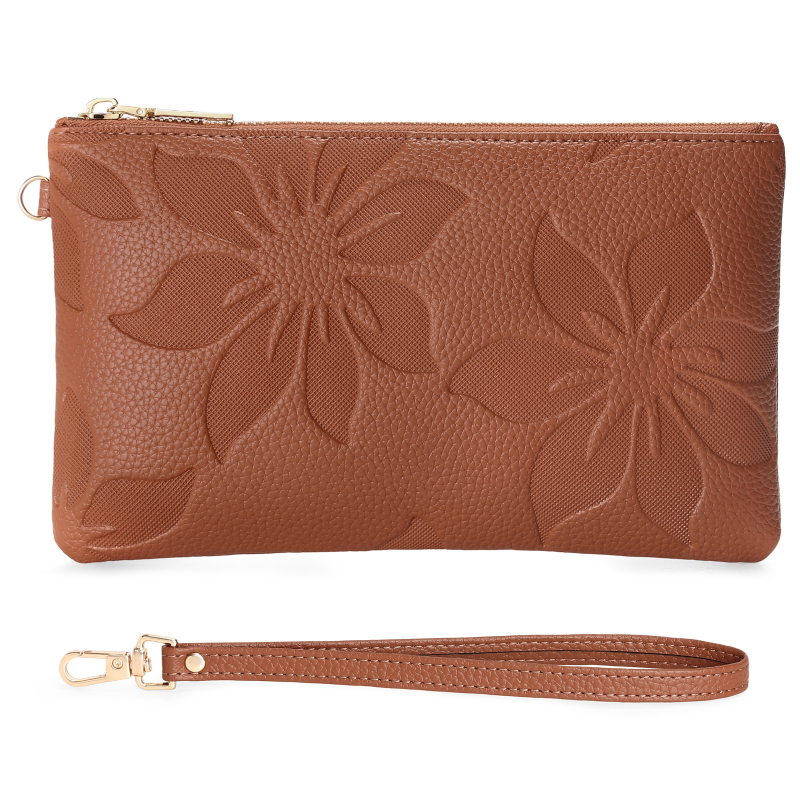 Portofel-clutch lung pentru femei, cu design de floare de bumbac în relief, portofel cu fermoar multifunctional, buzunar pentru telefon, blocare RFID, ultra-ușor