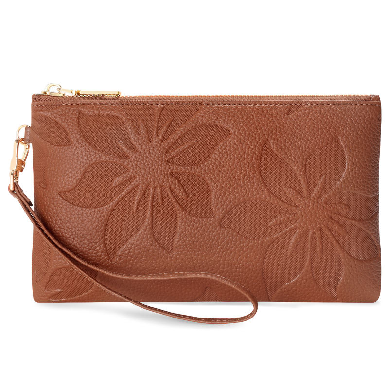 Portofel-clutch lung pentru femei, cu design de floare de bumbac în relief, portofel cu fermoar multifunctional, buzunar pentru telefon, blocare RFID, ultra-ușor