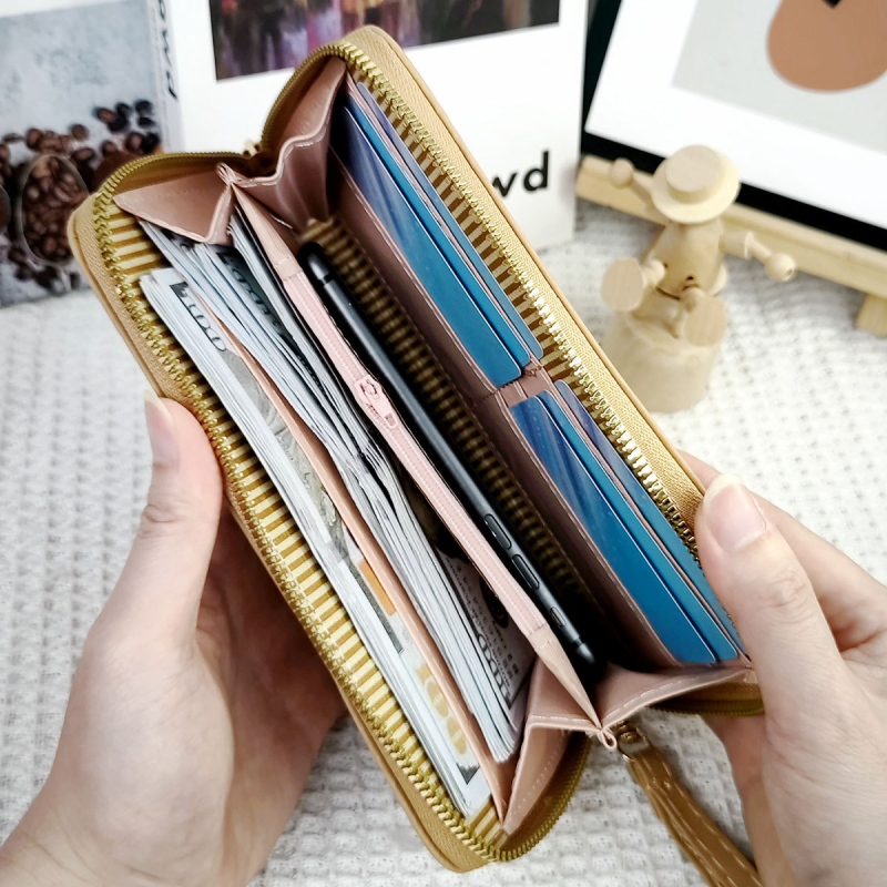 Дълъг дамски портфейл с цип, множество джобове за карти, монетник, голям капацитет, PU материал