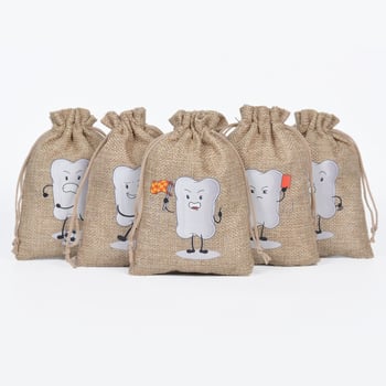 Saci de depozitare dentară din iută cu șnur – set de 6, design cu dinți