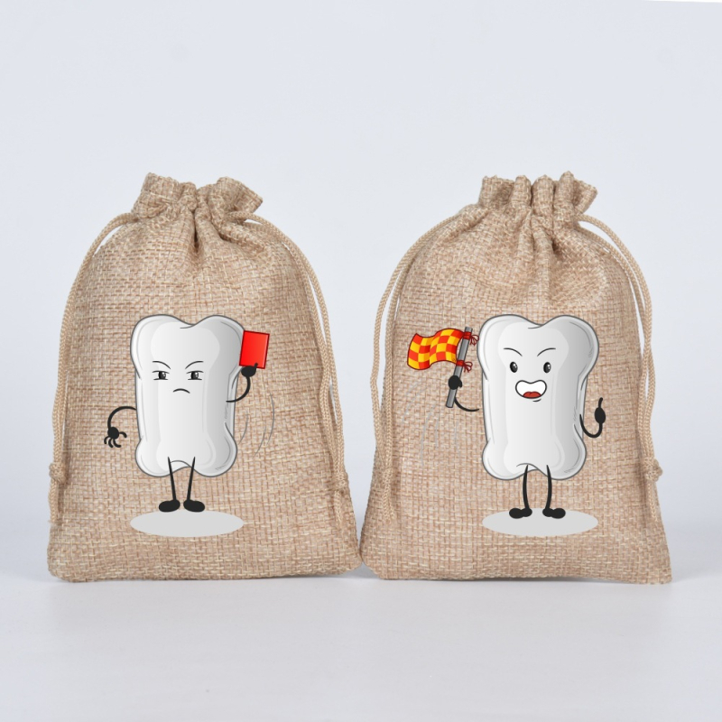 Saci de depozitare dentară din iută cu șnur – set de 6, design cu dinți