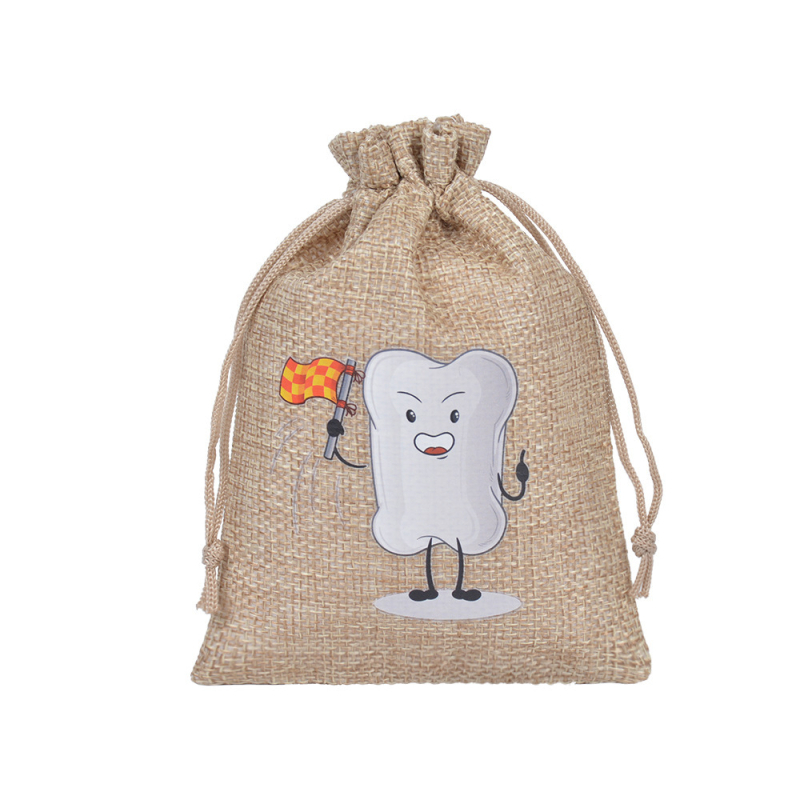 Saci de depozitare dentară din iută cu șnur – set de 6, design cu dinți