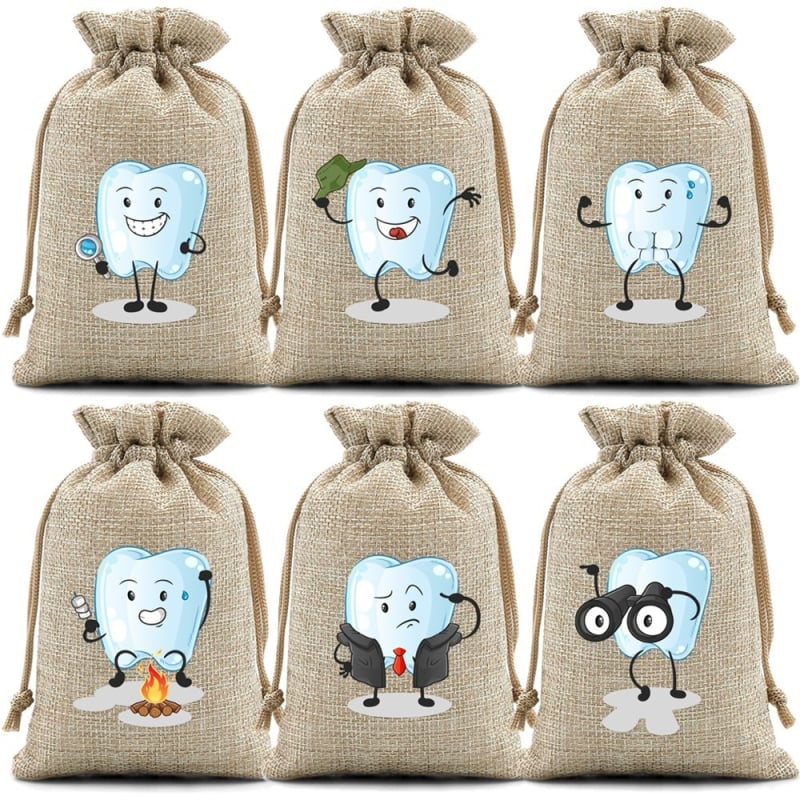 Saci de depozitare dentară din iută cu șnur – set de 6, design cu dinți