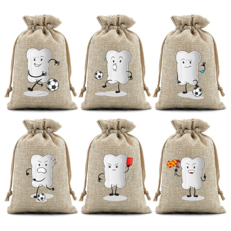 Saci de depozitare dentară din iută cu șnur – set de 6, design cu dinți