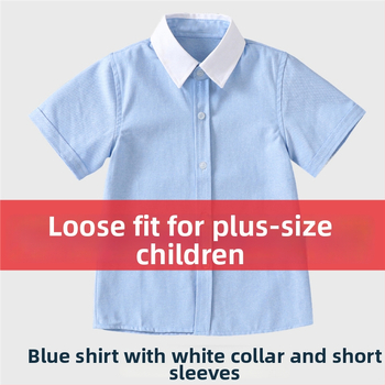 Modrá košeľa s krátkym rukávom v štýle vysokej školy pre deti, plus size, biely golier, biele rukávy, chlapčenská uniforma pre základnú školu