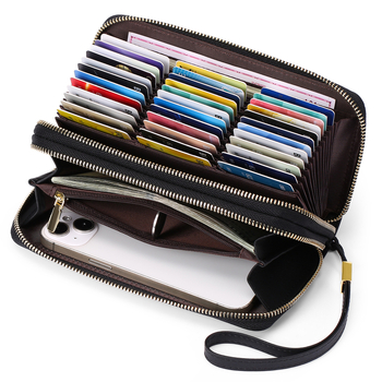 Portofel lung din piele microfibră, clutch multifuncțional pentru carduri, închidere cu fermoar dublu, model 1399