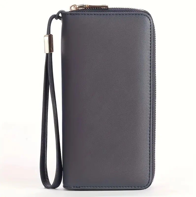 Portofel lung din piele microfibră, clutch multifuncțional pentru carduri, închidere cu fermoar dublu, model 1399