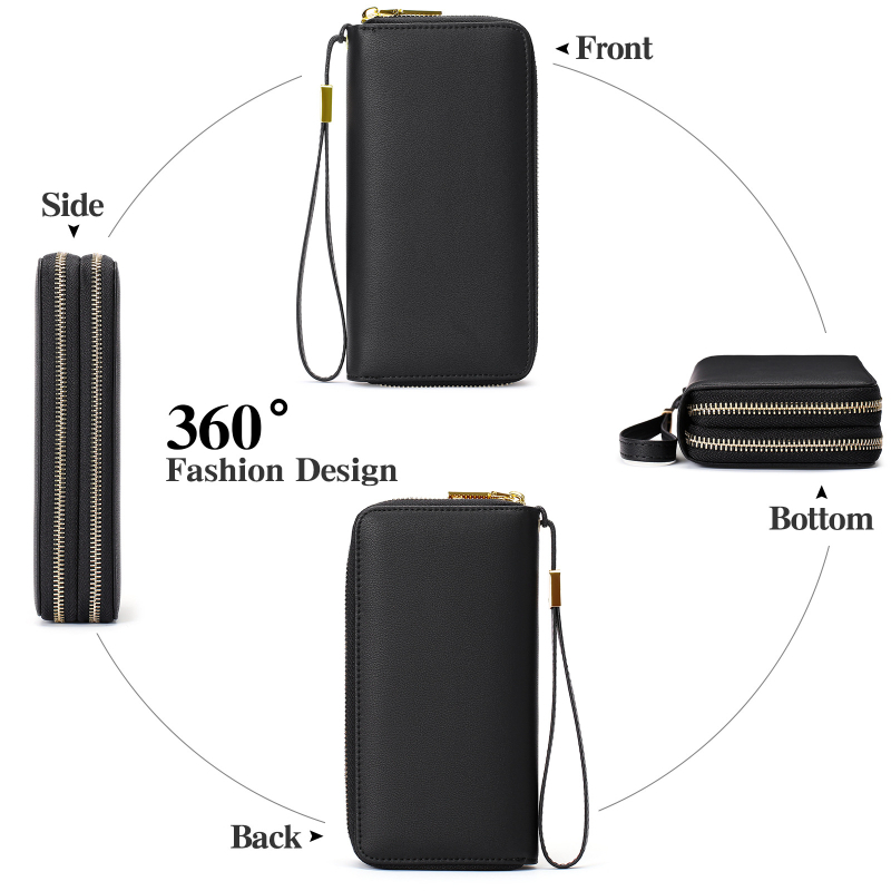 Portofel lung din piele microfibră, clutch multifuncțional pentru carduri, închidere cu fermoar dublu, model 1399