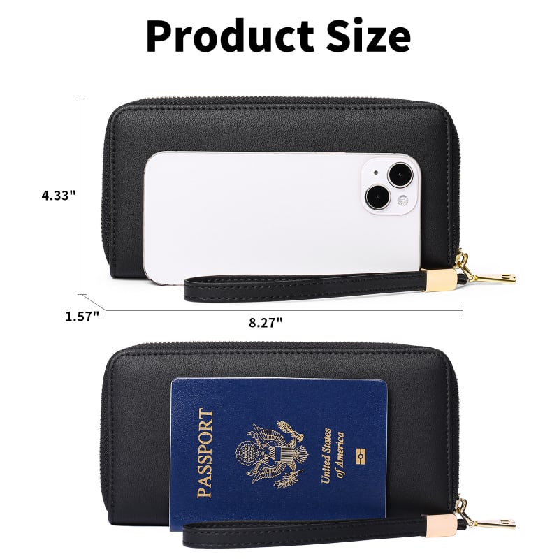 Portofel lung din piele microfibră, clutch multifuncțional pentru carduri, închidere cu fermoar dublu, model 1399